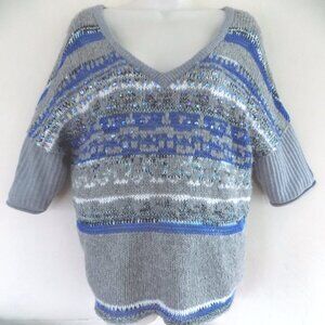 Free People sweater S Sequins Blue Gray Elbow sleeves V-neck Knit Pullover Top